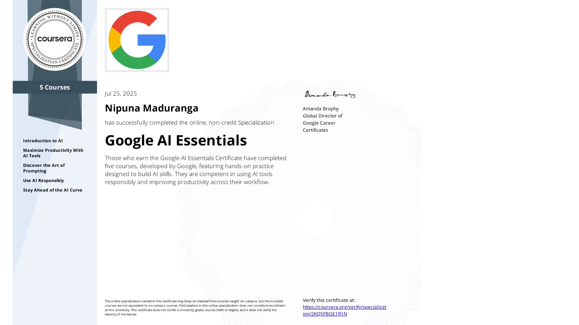 Google AI Essentials Certificate