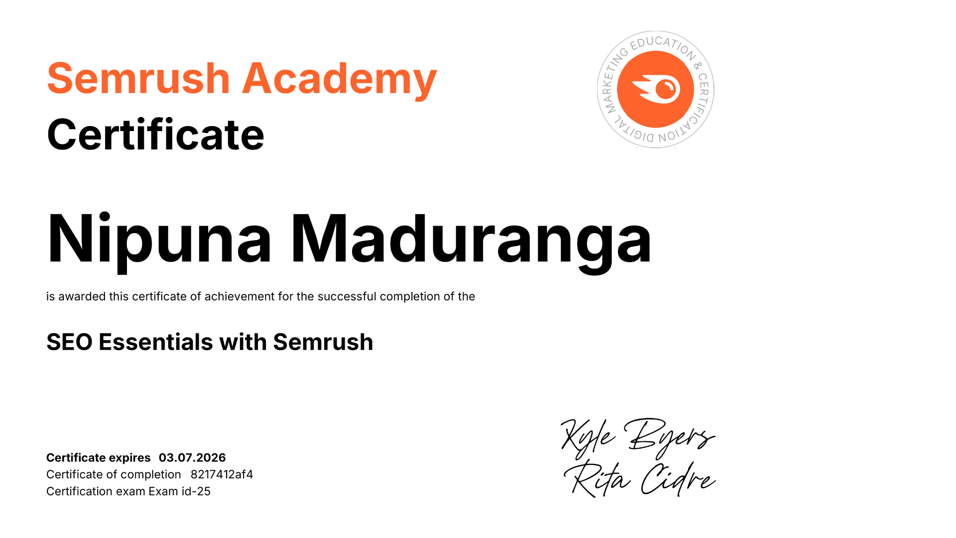 Semrush Academy Certificate